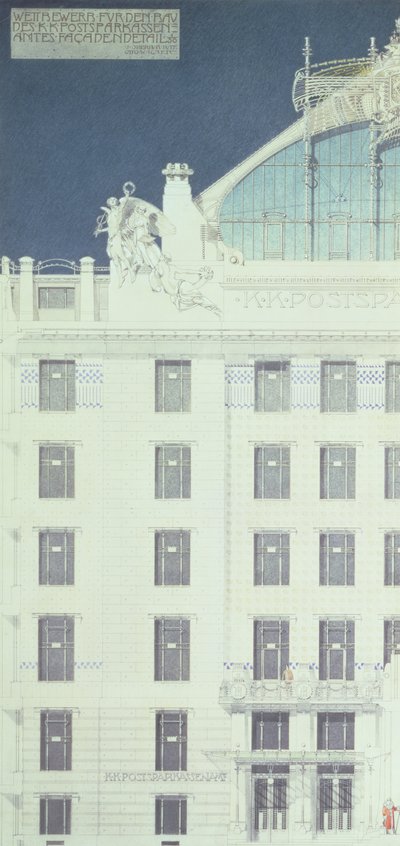 Postspaarbank, Wenen, ontwerp met detail van de gevel, c.1904-06 door Otto Wagner